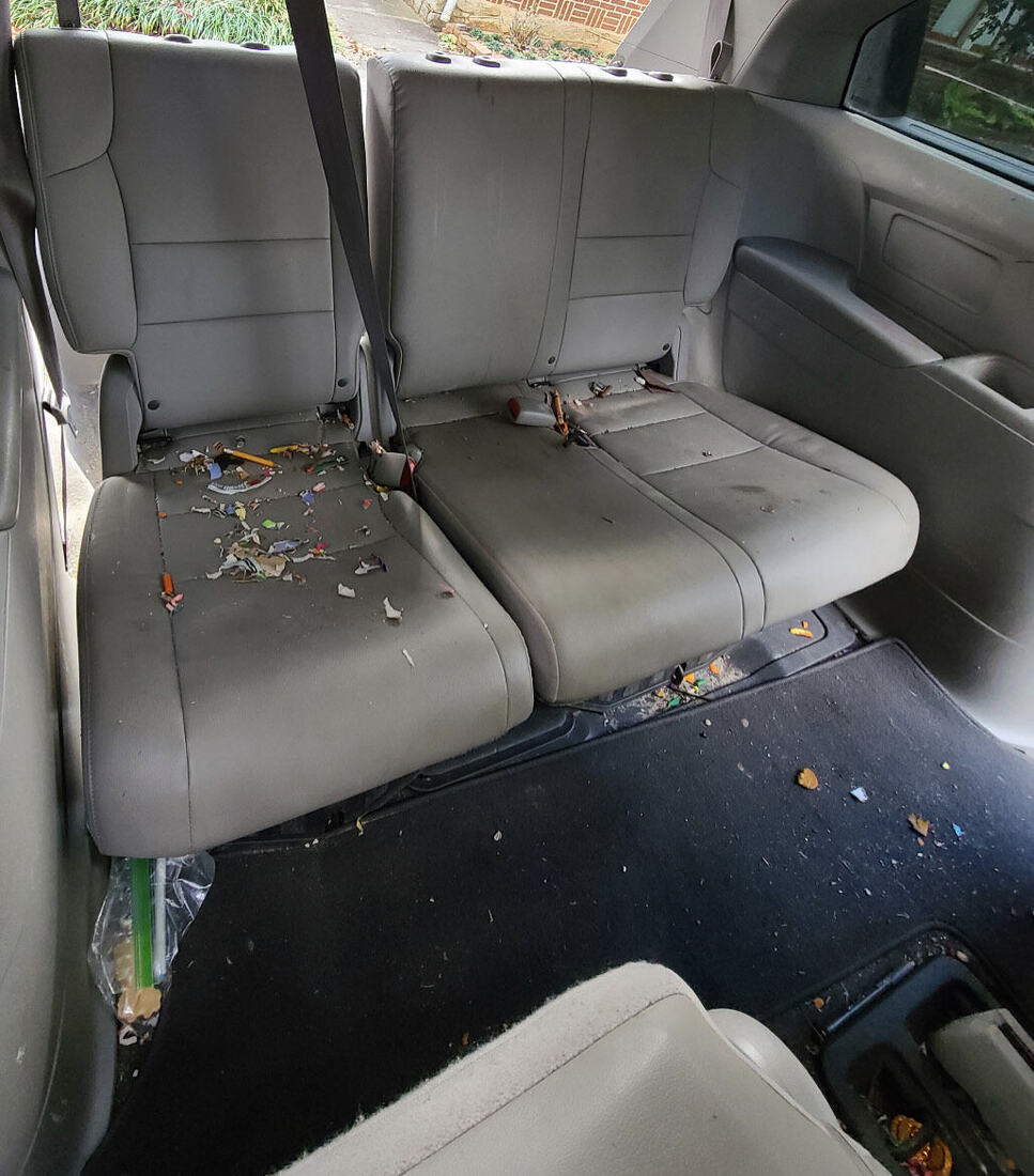 The same seats before, covered in crumbs