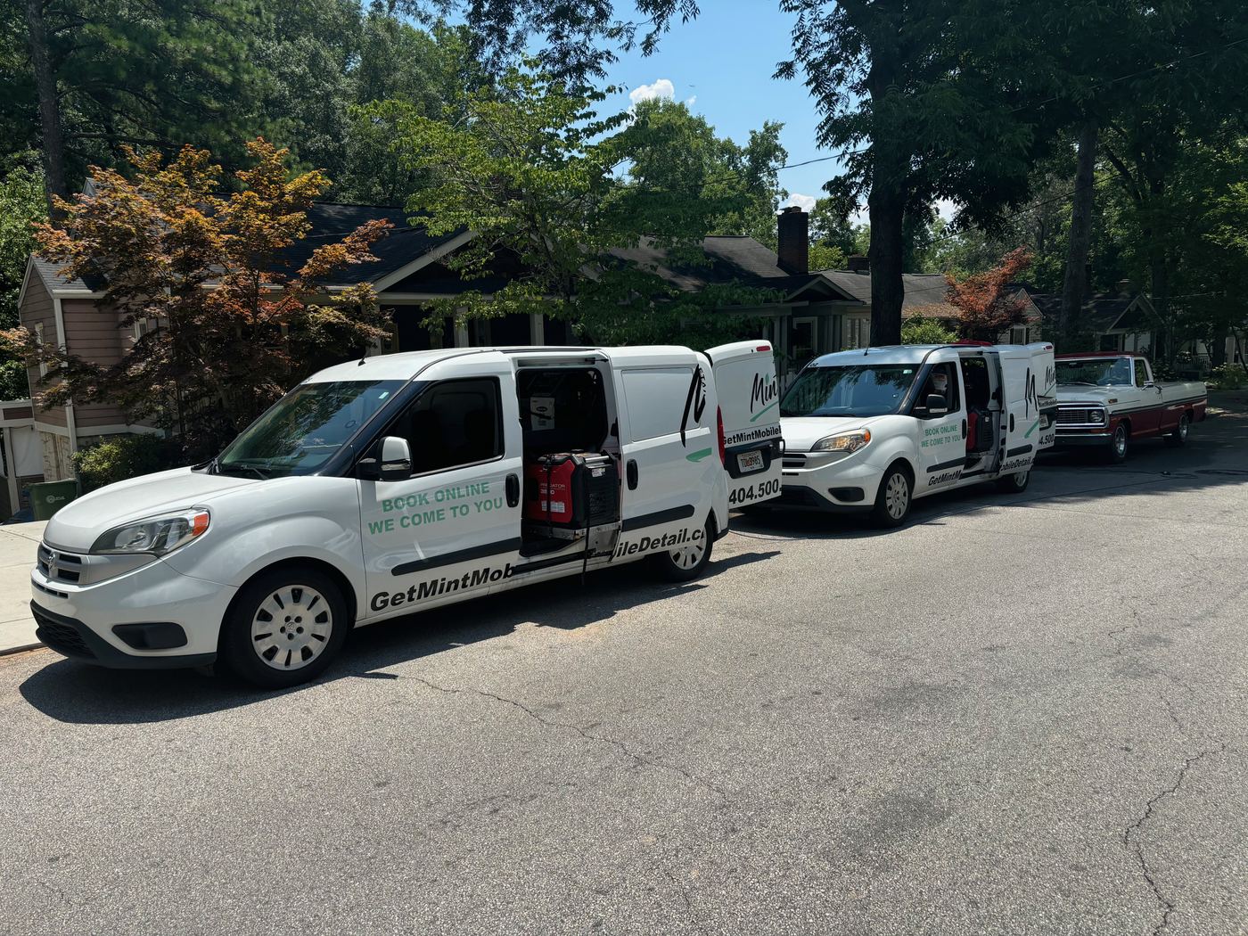 Two Mint vans parked on a tree-lined street